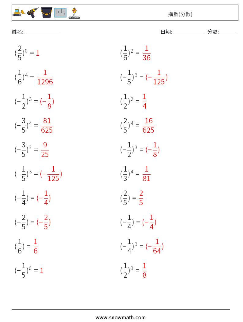 指數(分數) 數學練習題 5 問題,解答