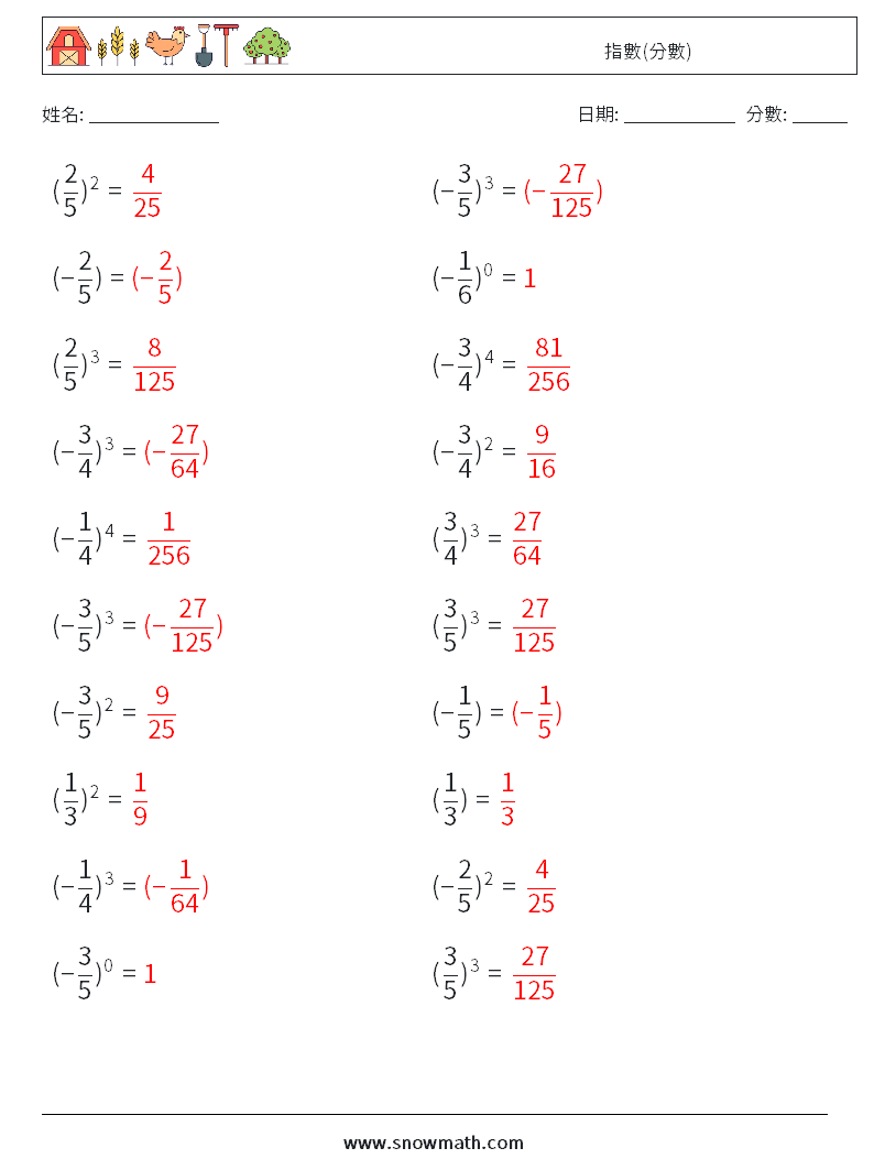 指數(分數) 數學練習題 7 問題,解答