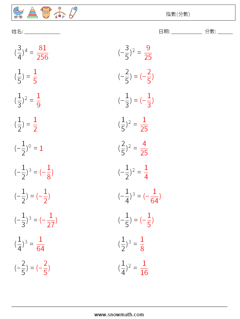 指數(分數) 數學練習題 9 問題,解答