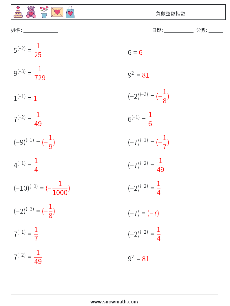 負數整數指數 數學練習題 9 問題,解答