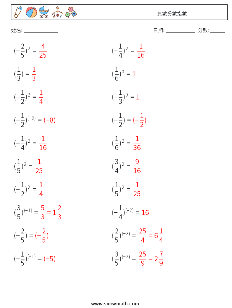 負數分數指數 數學練習題 9 問題,解答