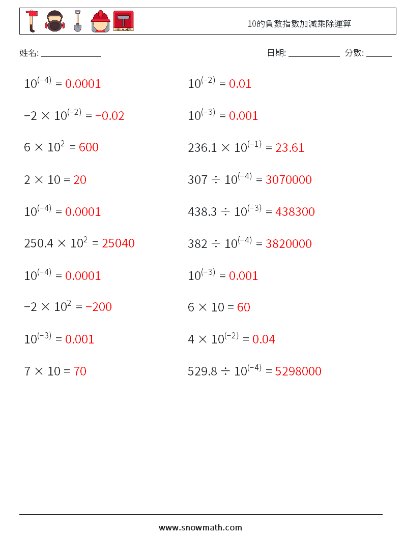 10的負數指數加減乘除運算 數學練習題 2 問題,解答
