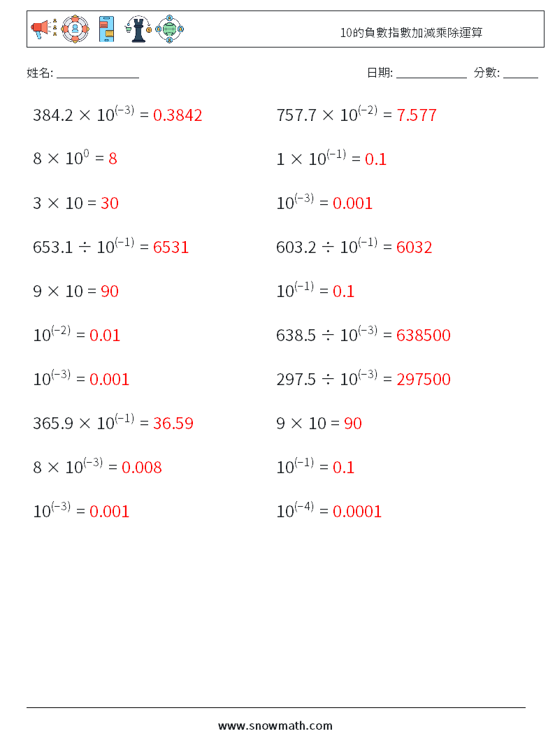 10的負數指數加減乘除運算 數學練習題 3 問題,解答