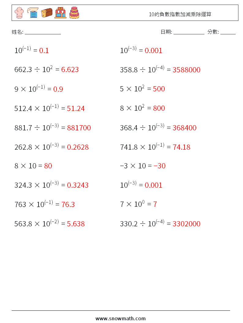 10的負數指數加減乘除運算 數學練習題 4 問題,解答