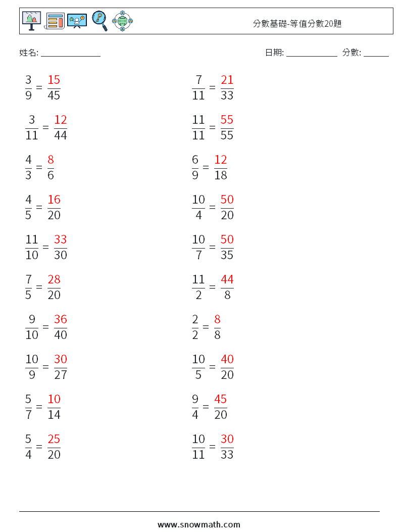 分數基礎-等值分數20題 數學練習題 2 問題,解答