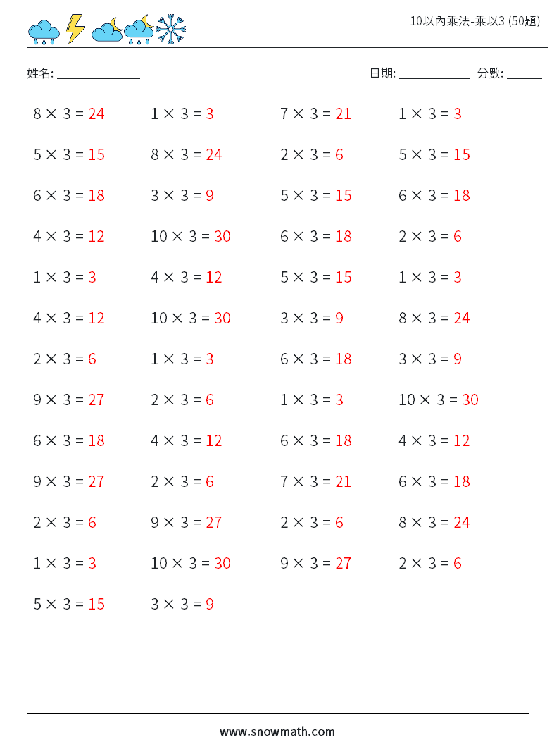 10以內乘法-乘以3 (50題) 數學練習題 4 問題,解答