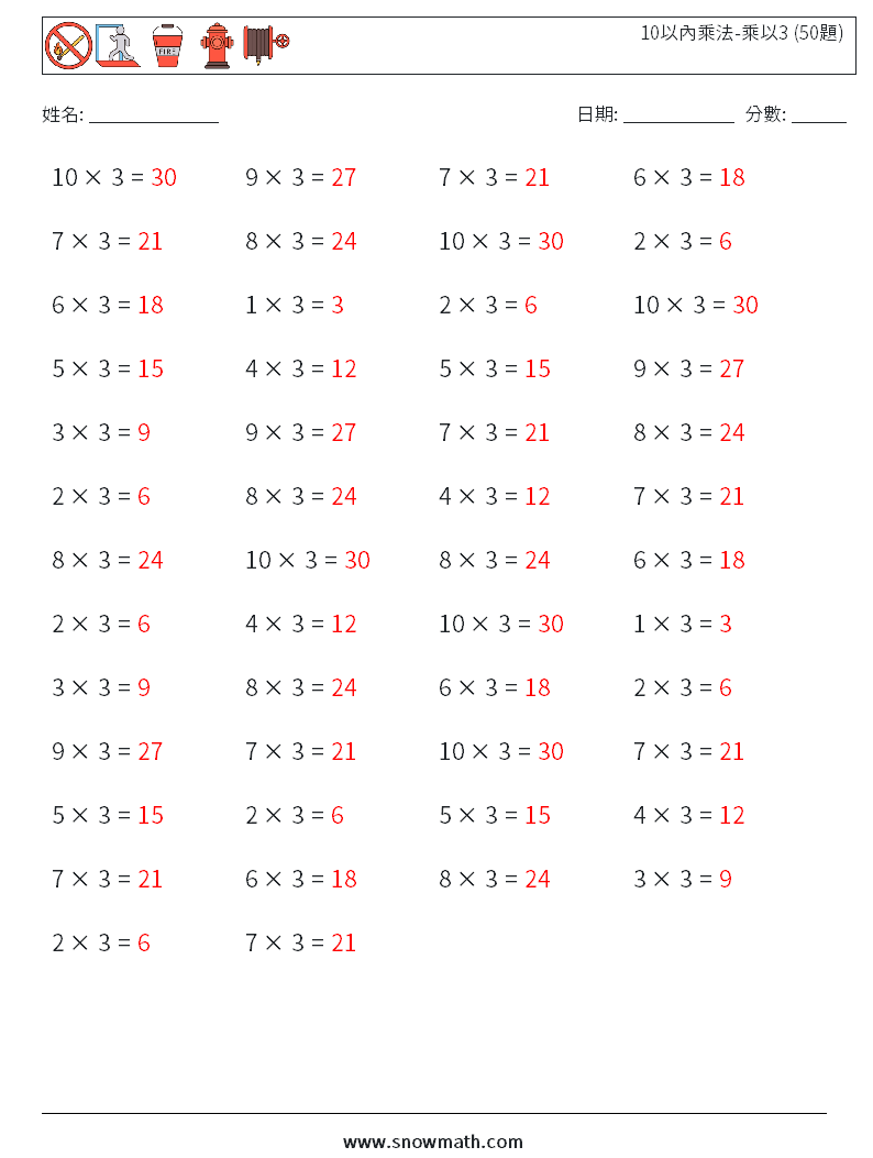 10以內乘法-乘以3 (50題) 數學練習題 5 問題,解答