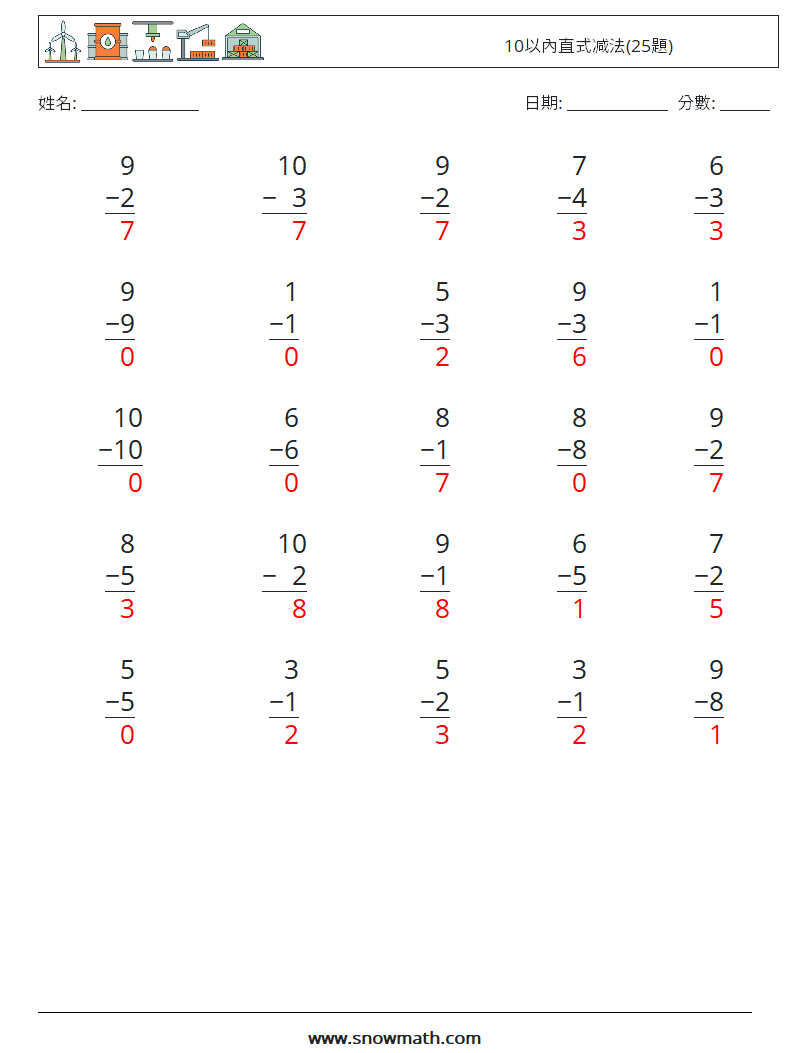 10以內直式减法(25題) 數學練習題 7 問題,解答