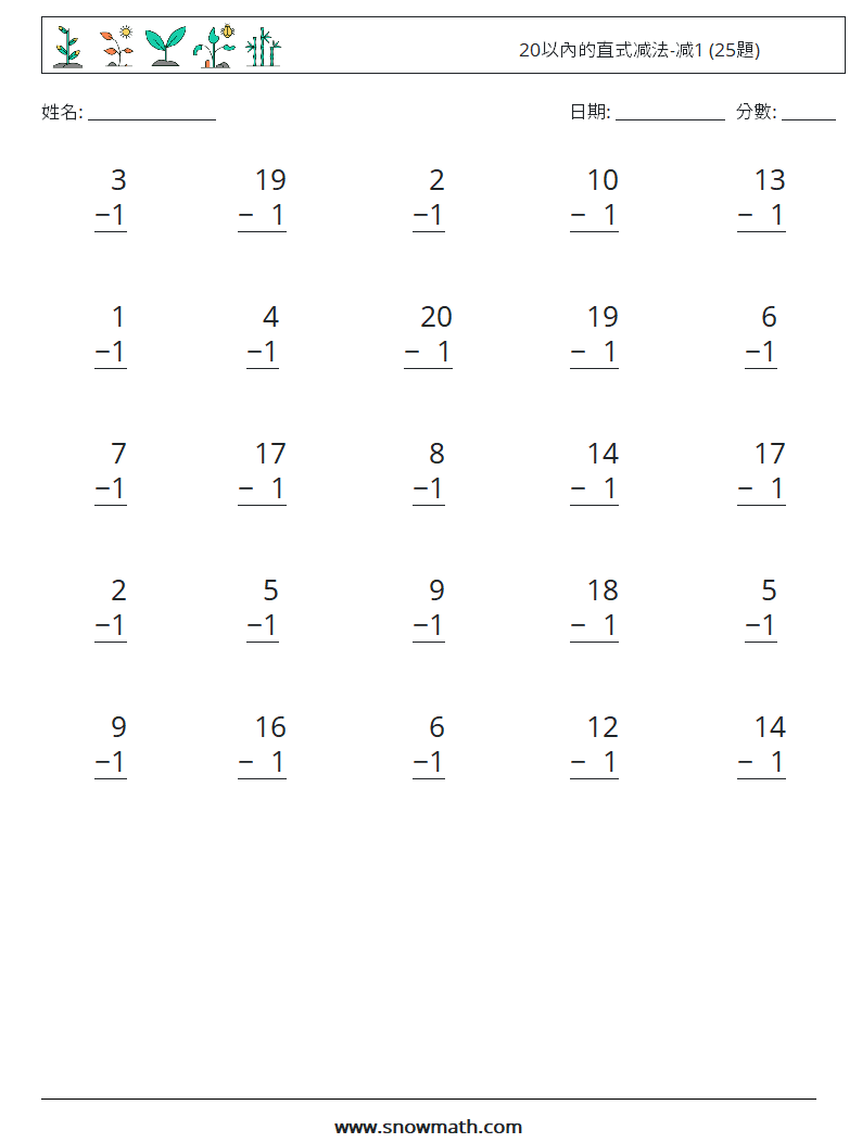 20以內的直式减法-减1 (25題) 數學練習題 11