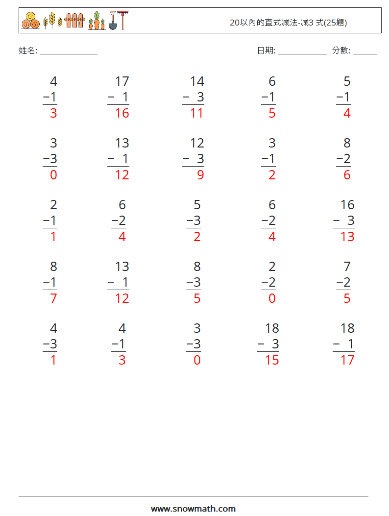 20以內的直式减法-减3 式(25題) 數學練習題 14 問題,解答