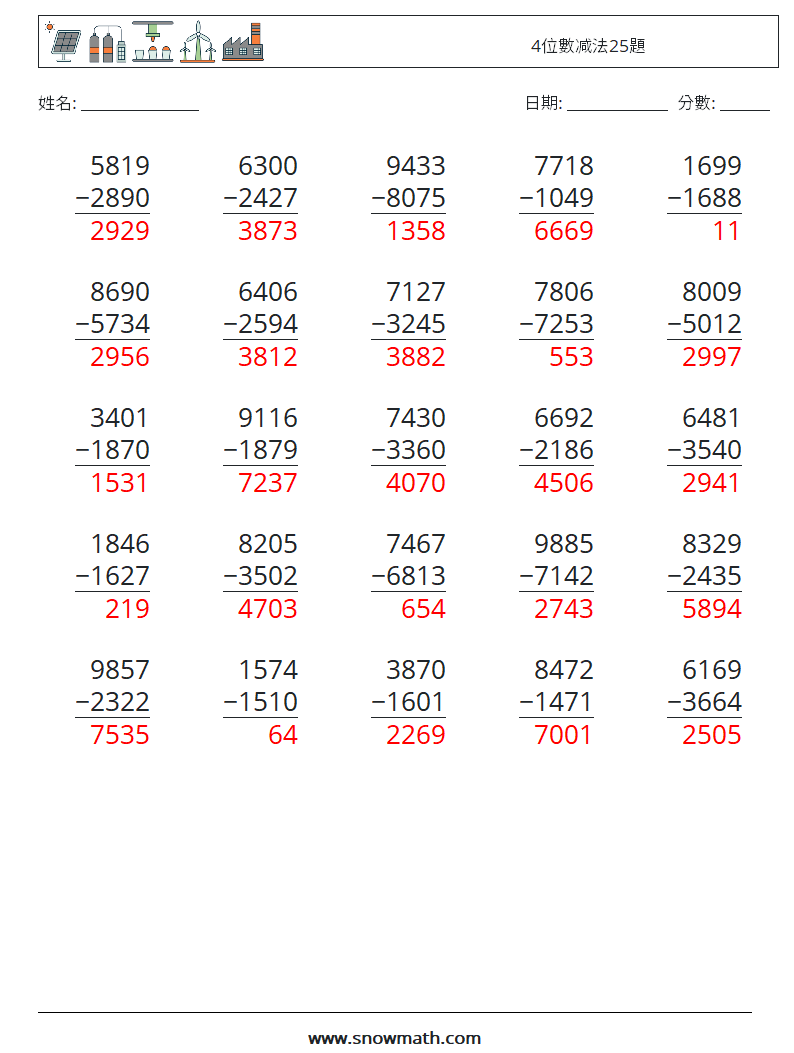 4位數减法25題 數學練習題 18 問題,解答